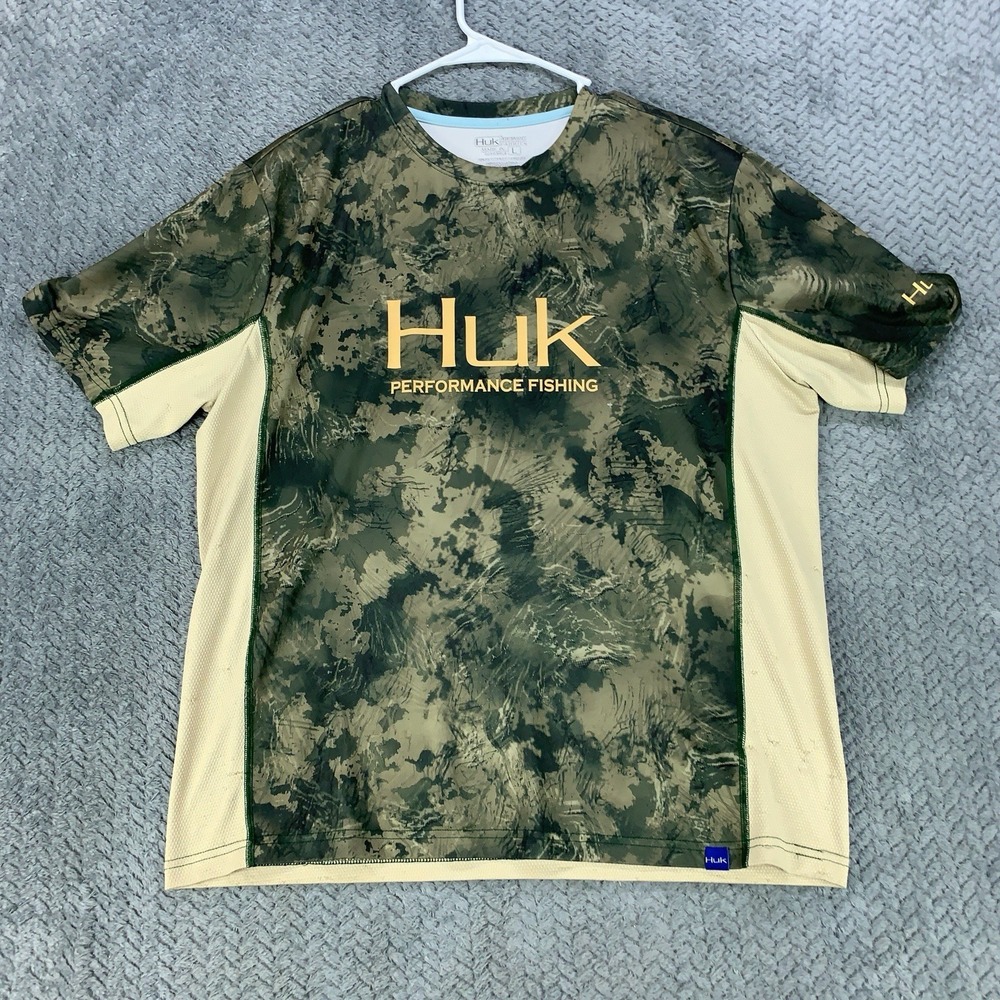 Huk Fishing Shirt Mens Large Greens Camo Performance Short Sleeve Outdoors Flaws